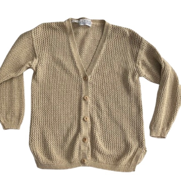 Vintage Fisherman's Sweater Hand Knit Beige Rope Net V-Neck Cardigan Wood Button - Picture 11 of 13